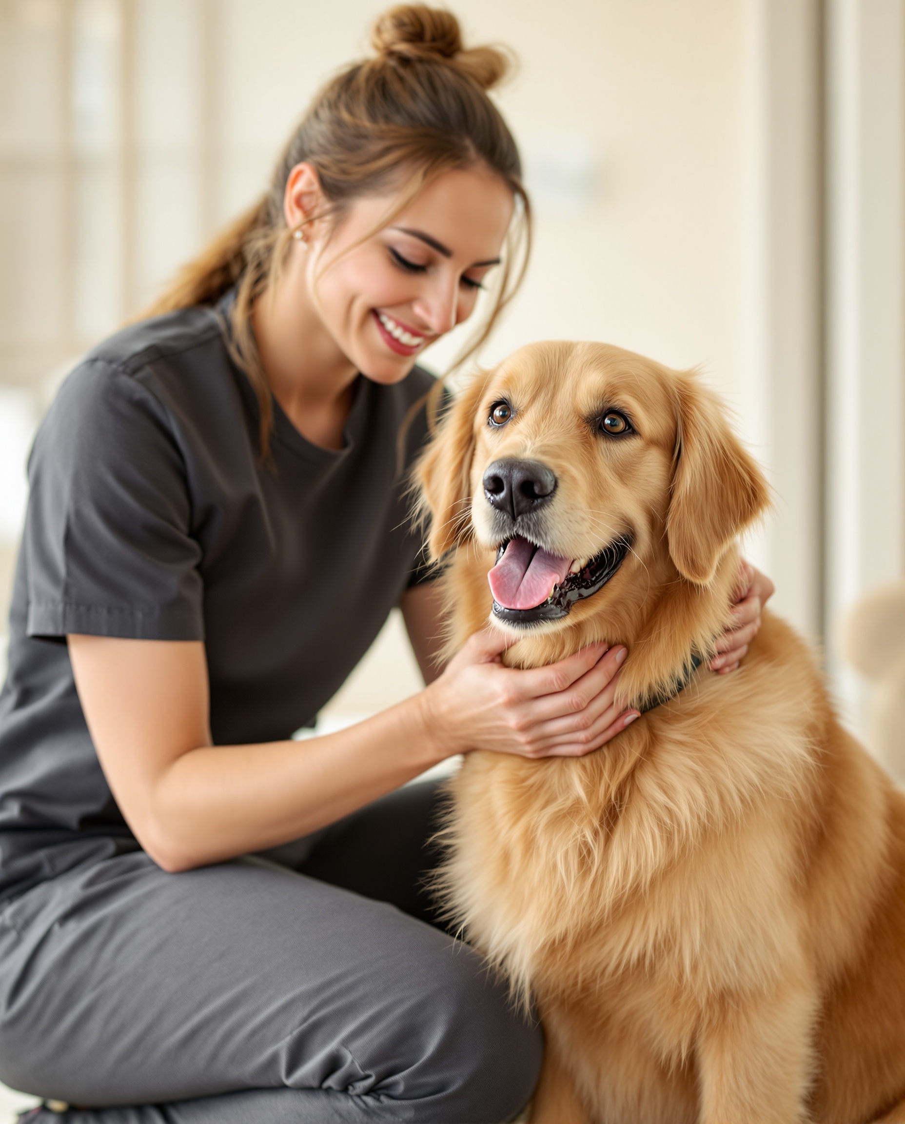 Professional staff caring for a happy Goldendoodle at Urban Paw Club