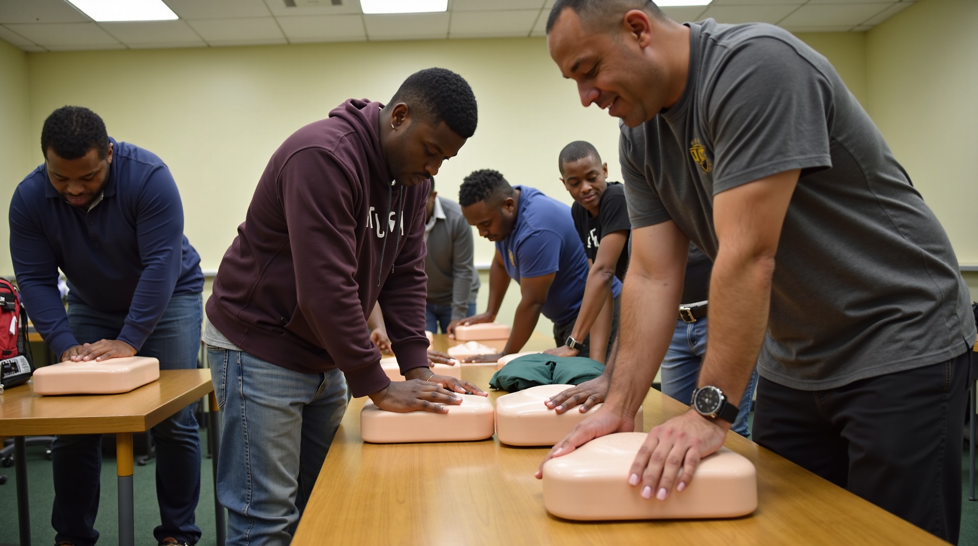 Diverse community members actively performing CPR compressions in Kissimmee training classroom
