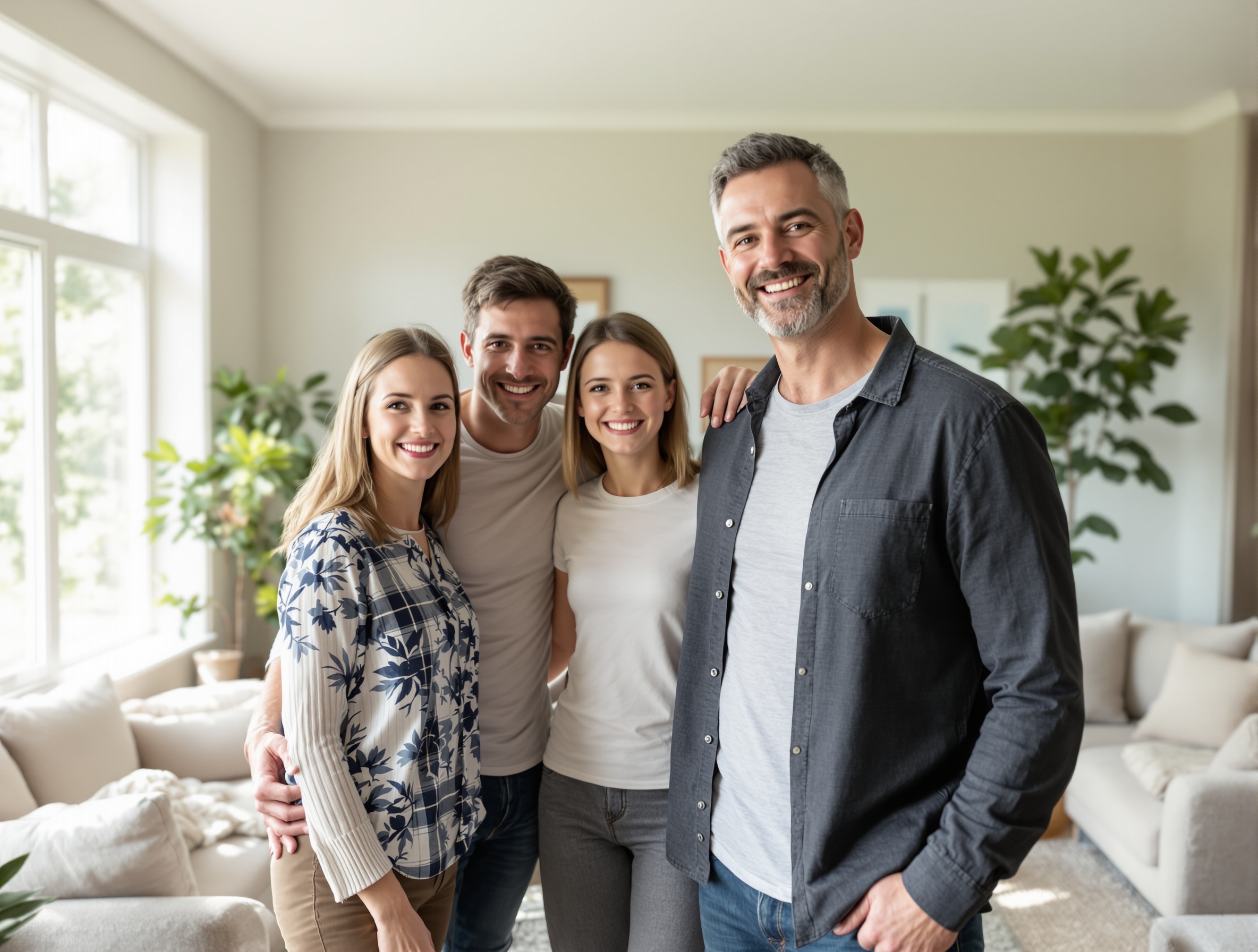 Happy family in restored home after cleanup