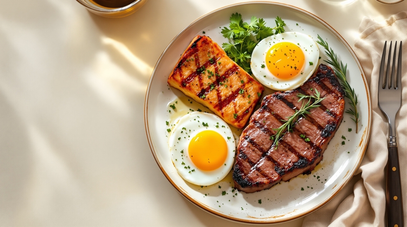 Keto protein staples including grilled salmon, seared ribeye steak and boiled eggs on a rustic plate