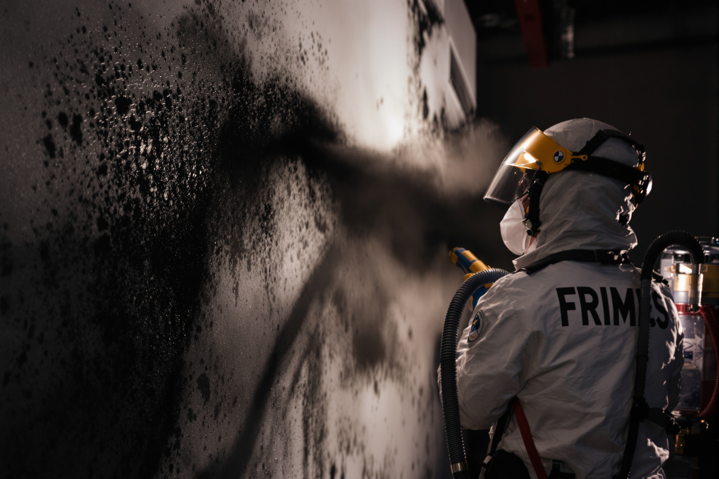 Limpieza profesional de hollín y humo tras incendio en Terrassa – técnico Biotrauma eliminando depósitos de hollín en paredes