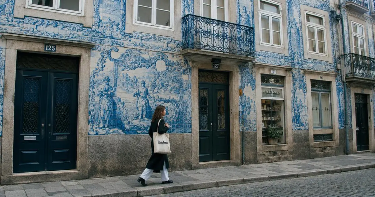 Rua do Porto com fachadas de azulejos e uma pessoa a caminhar com um saco de compras ao ombro