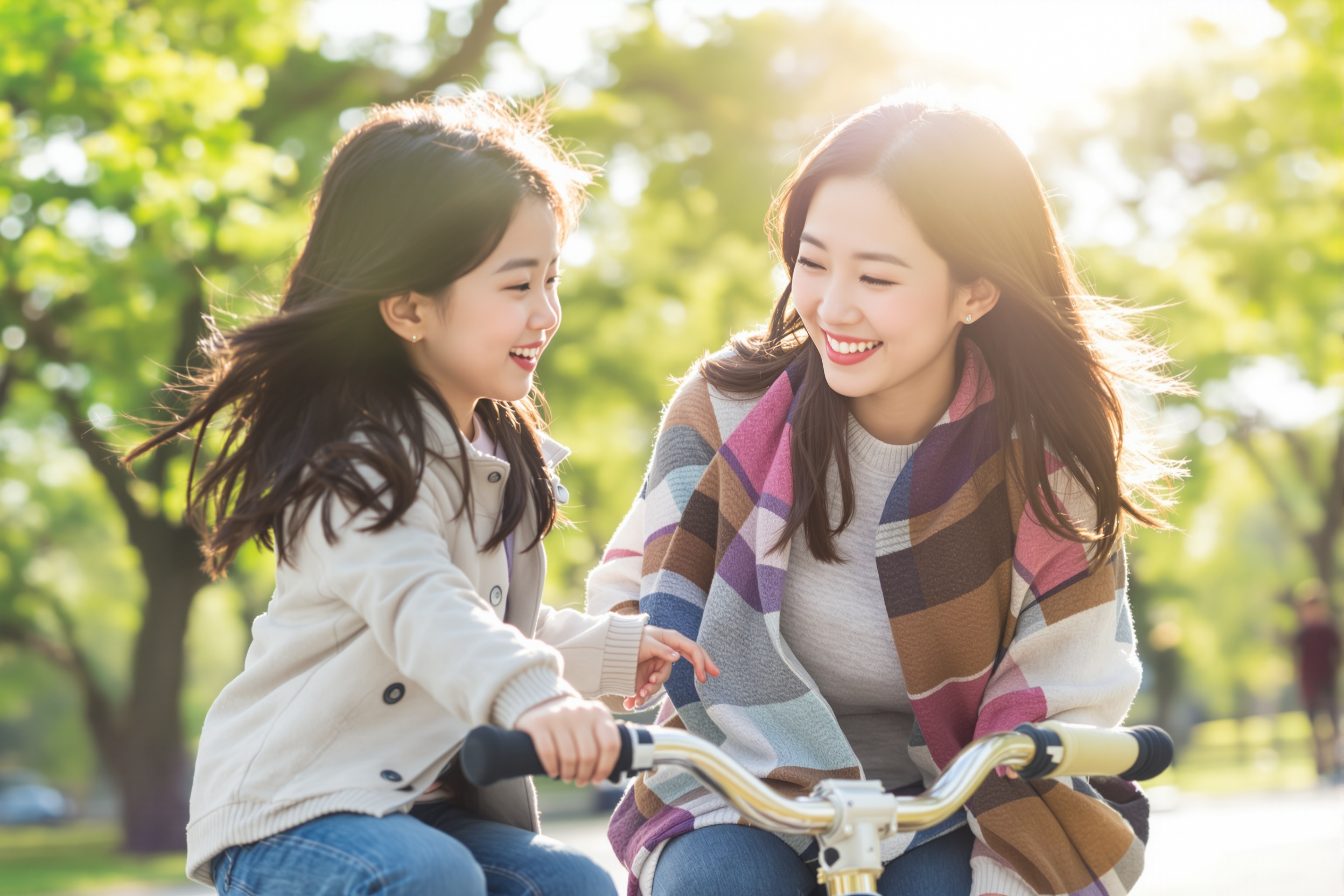 日本のママと子供・キッズバイクで楽しむ公園シーン