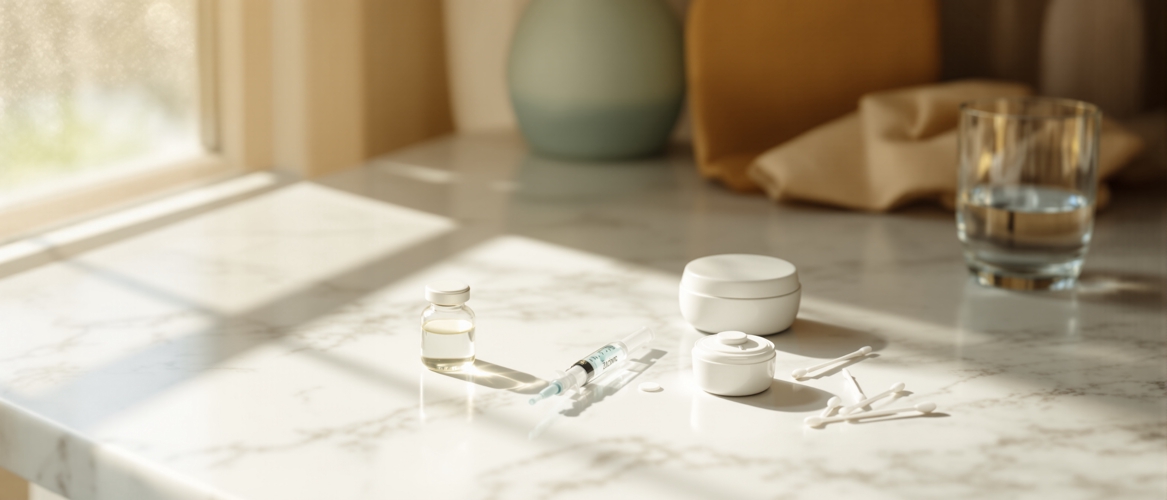 GLP-1 injection supplies arranged on a clean bathroom counter