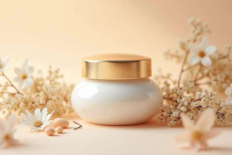 Luxurious Korean moisturizer cream in premium white ceramic jar with botanical ingredients