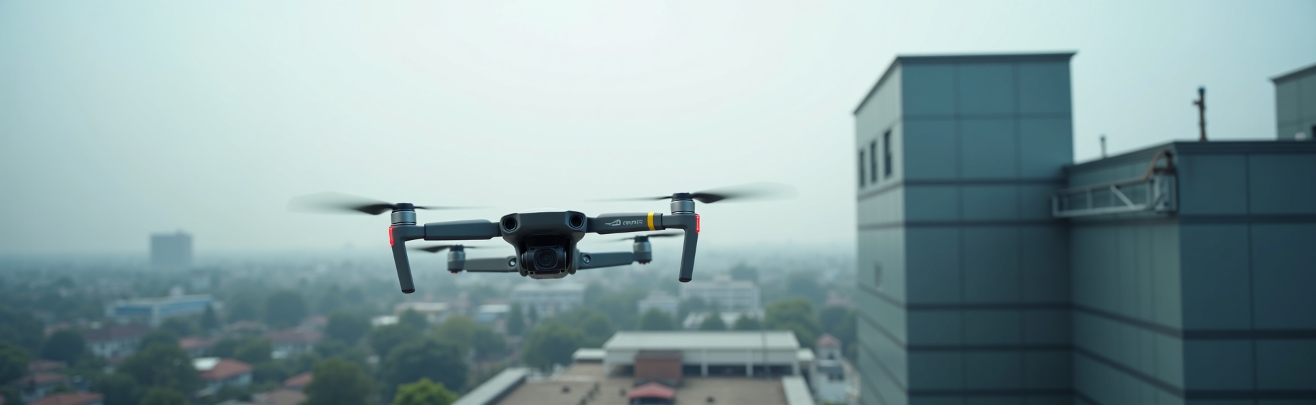 CAA-licensed professional drone performing aerial roof inspection of a commercial building, modern quadcopter with camera system flying near an industrial rooftop