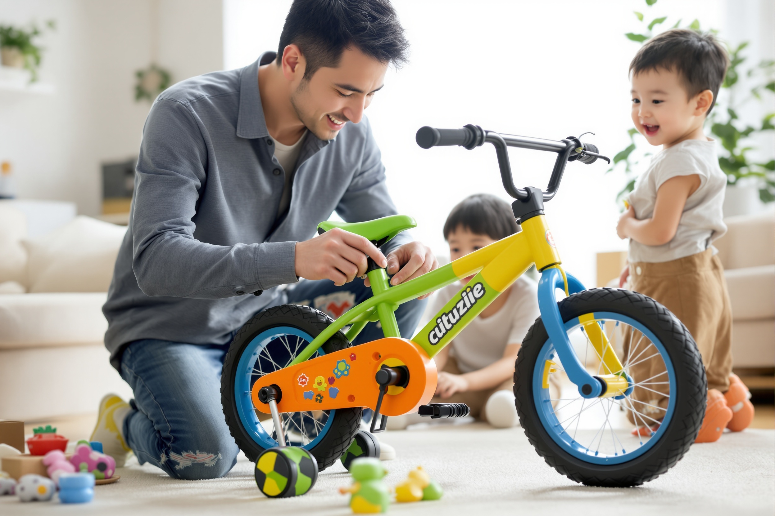 3WAYキッズバイクの組み立てをする日本人の父親と子供
