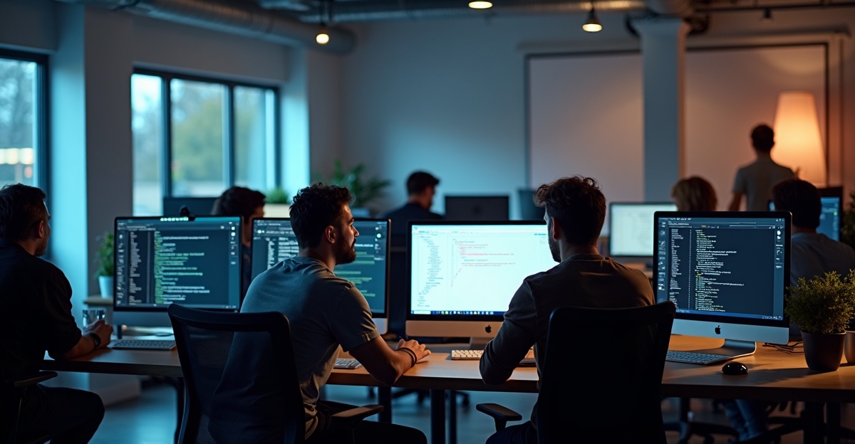 Equipe diversificada de profissionais de tecnologia trabalhando em escritório moderno