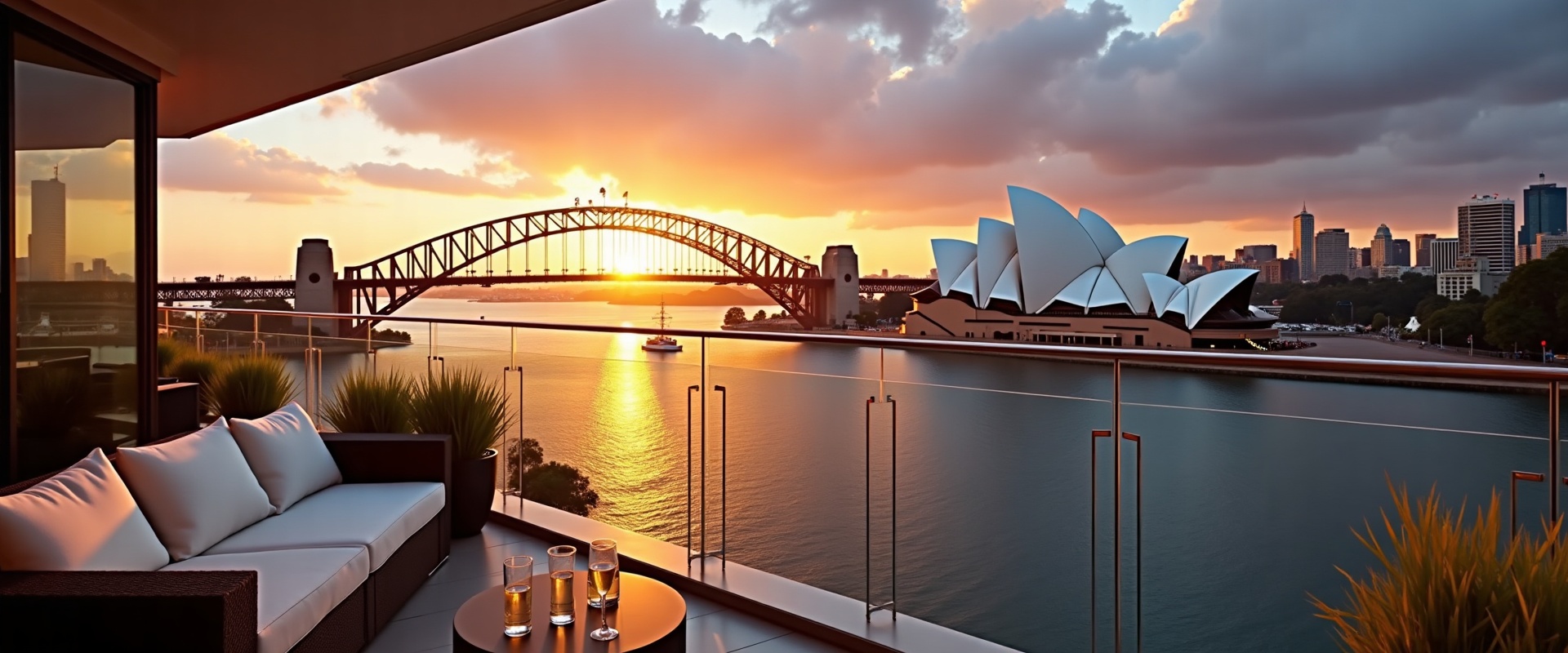 Luxury penthouse balcony overlooking Sydney Harbour at sunset