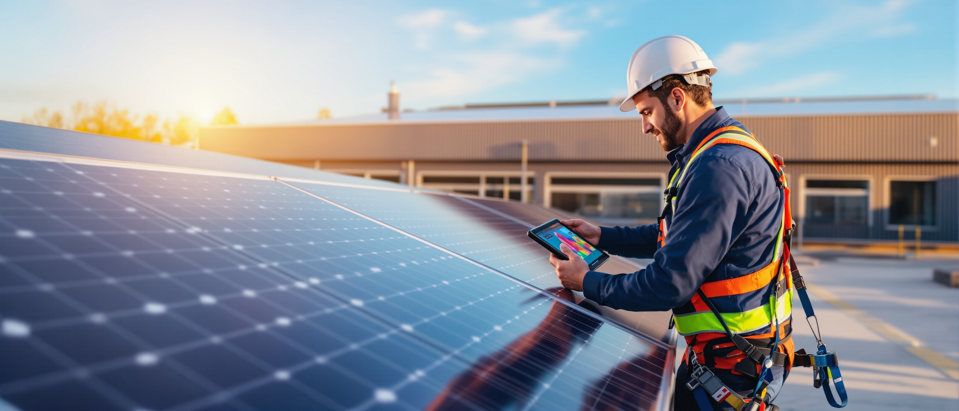 Solar maintenance engineer inspecting commercial solar panels