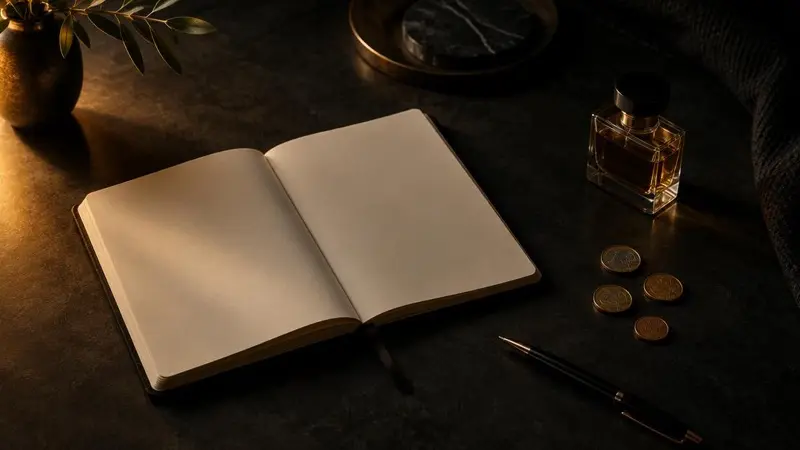 Quaderno aperto con monete e un flacone di profumo su piano scuro