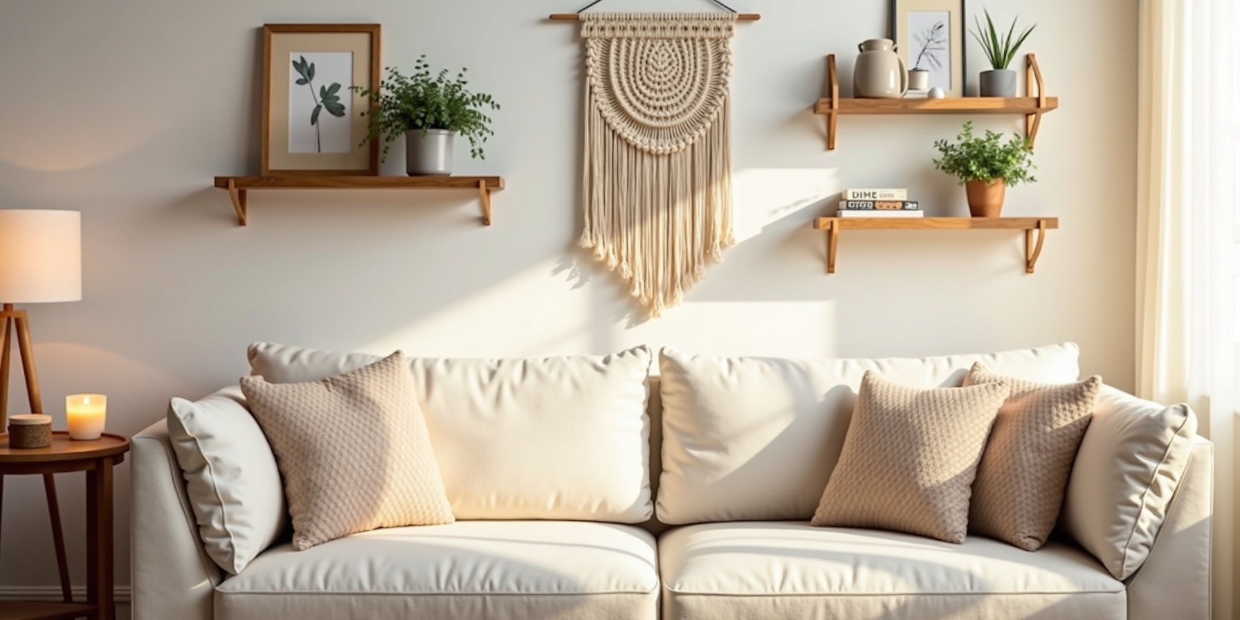 Modern home decor with floating shelves, macrame, and candles - Handoras