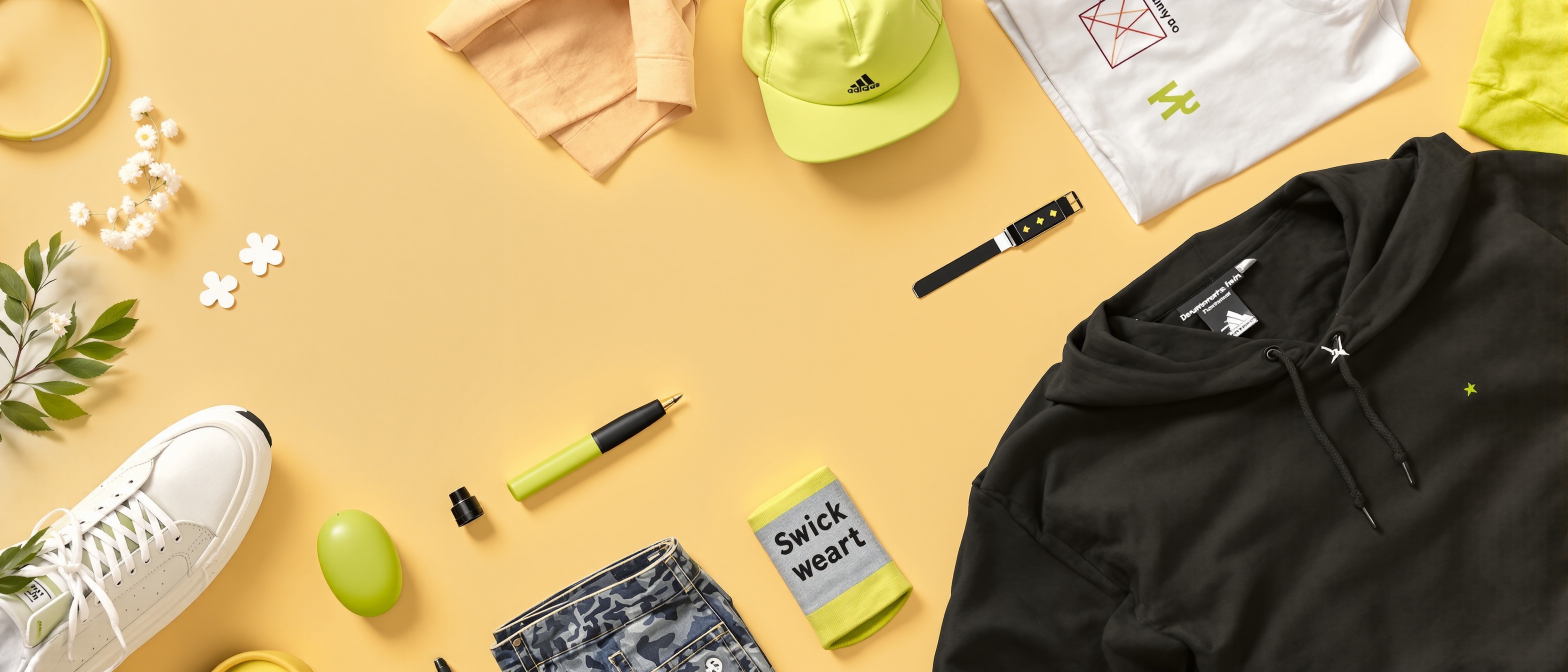 kakobuy spreadsheet fashion flat lay with streetwear items on warm beige background