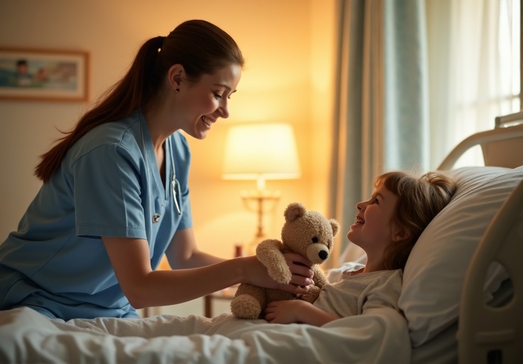 Volunteer giving bear to child