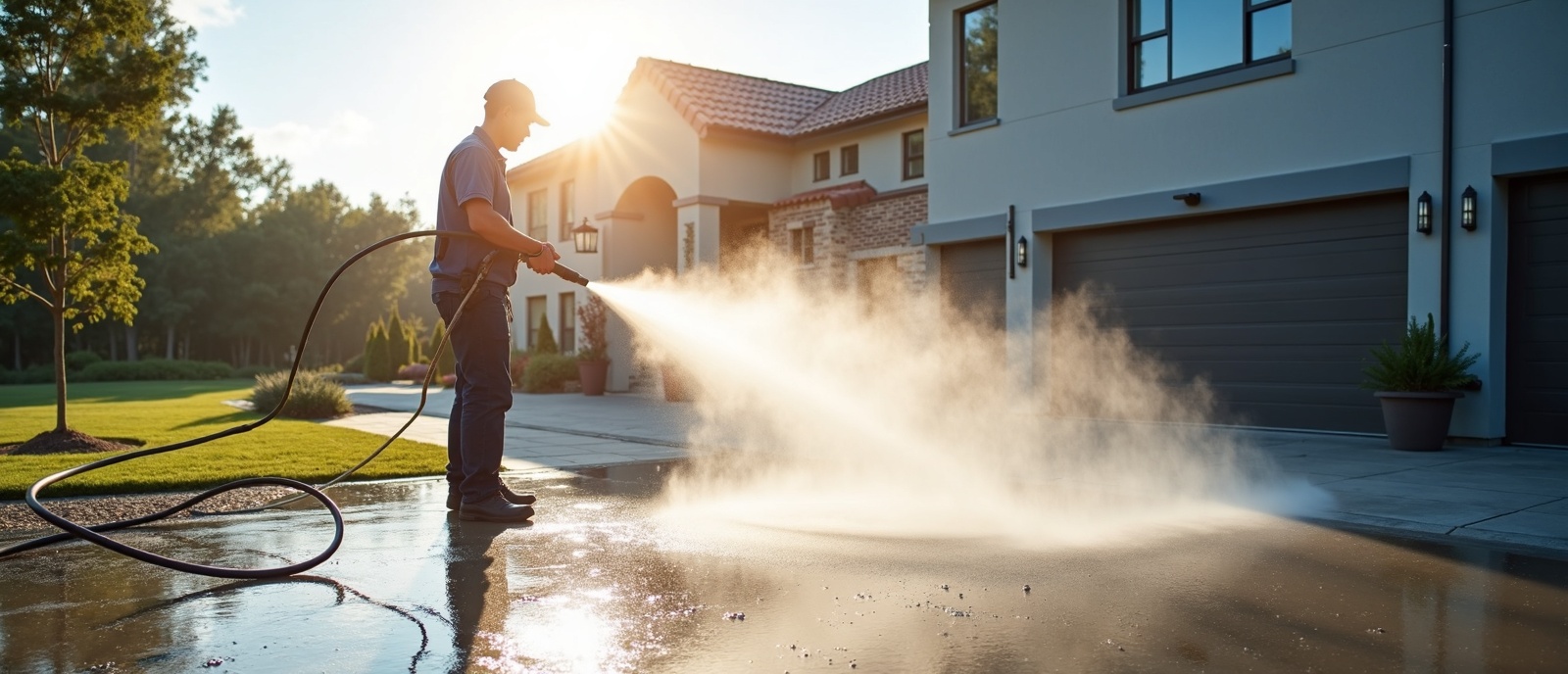 Professional pressure washing equipment cleaning a large property