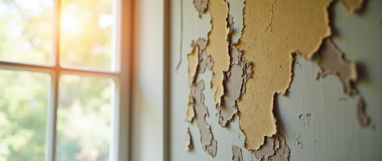 Peeling old paint on interior wall showing layers