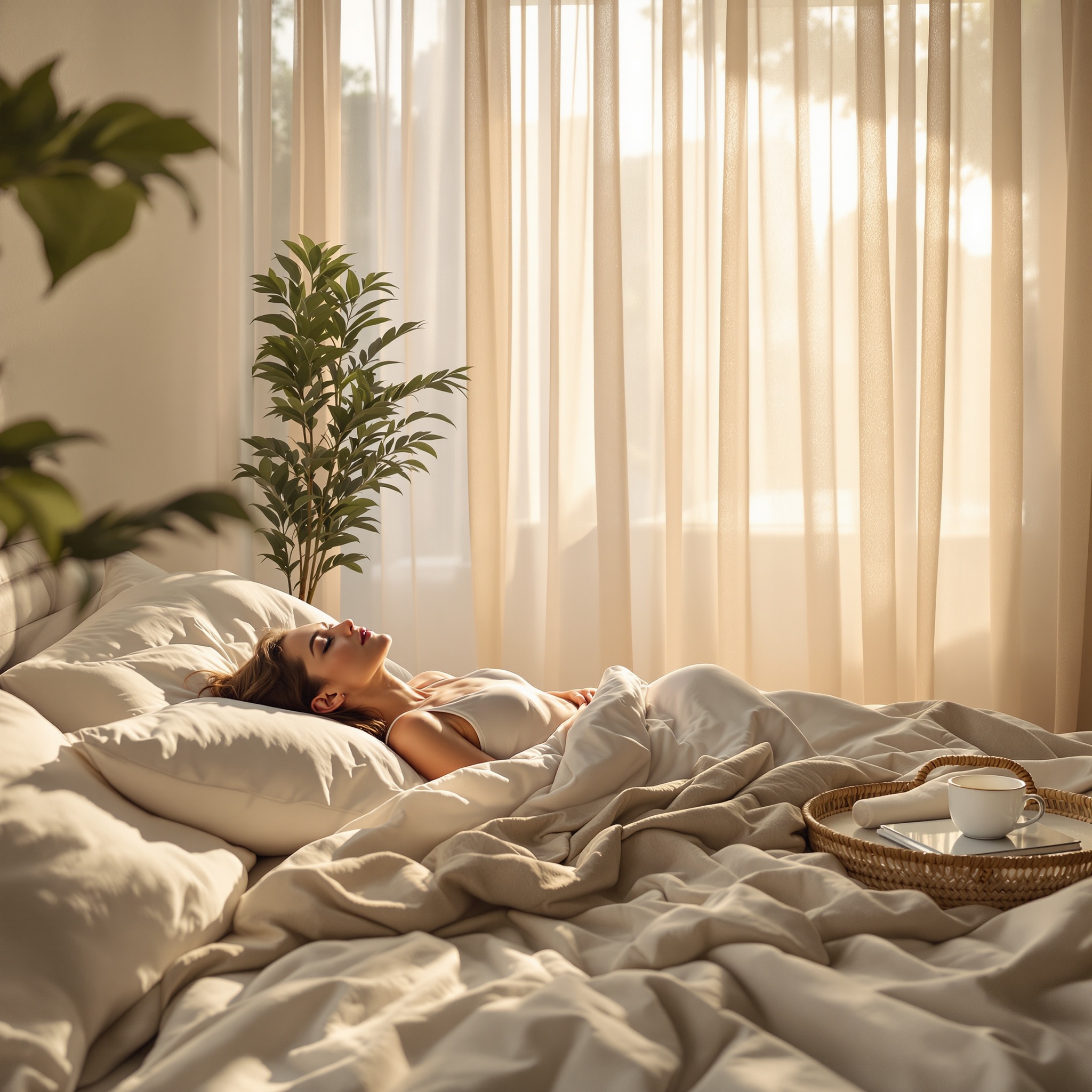 Complete grounding kit with bamboo and silver thread mat placed on a natural linen bed in an Australian bedroom with soft morning light
