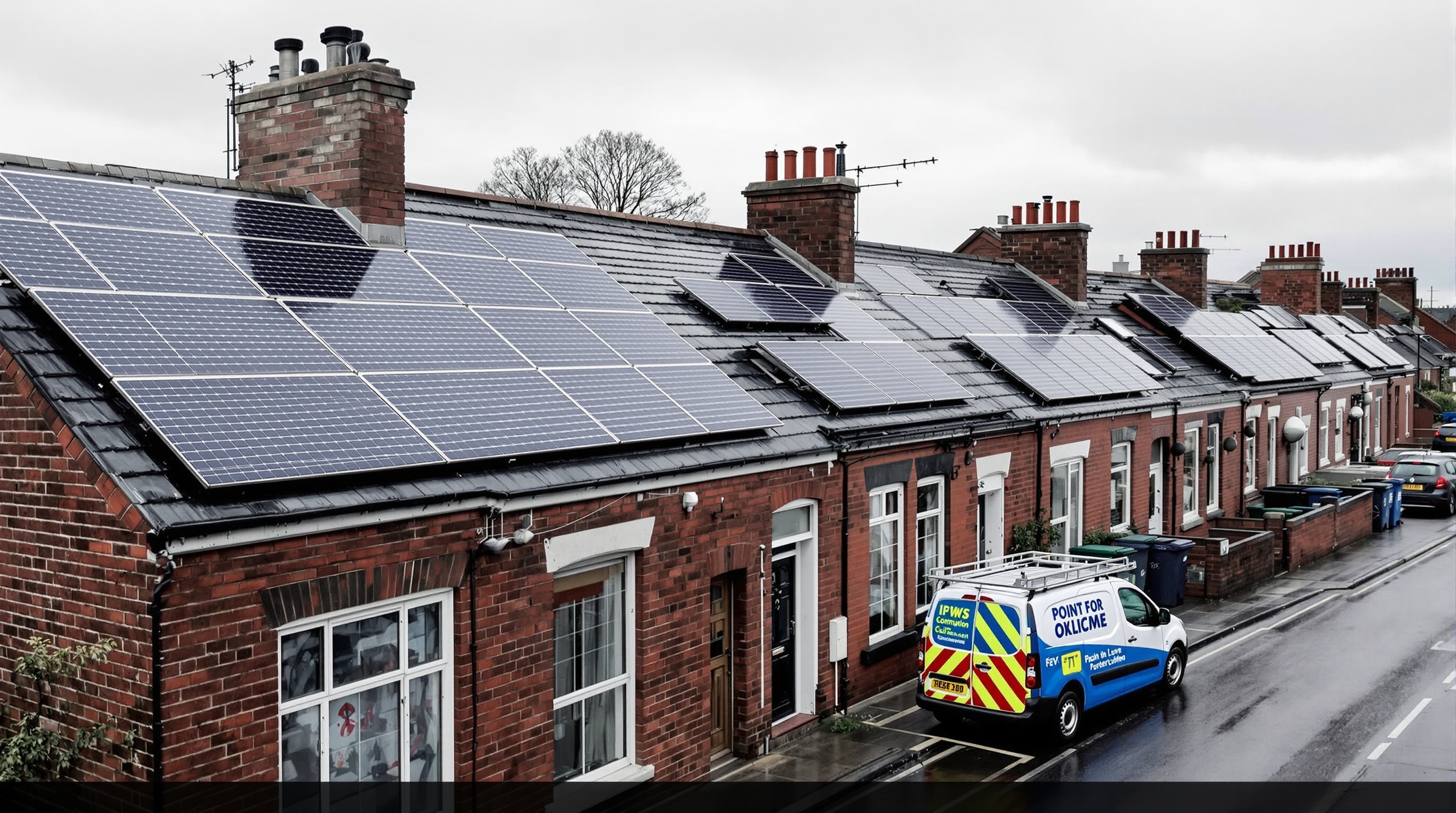 Solar panels on Manchester terraced rooftops with a maintenance van parked on a wet residential street
