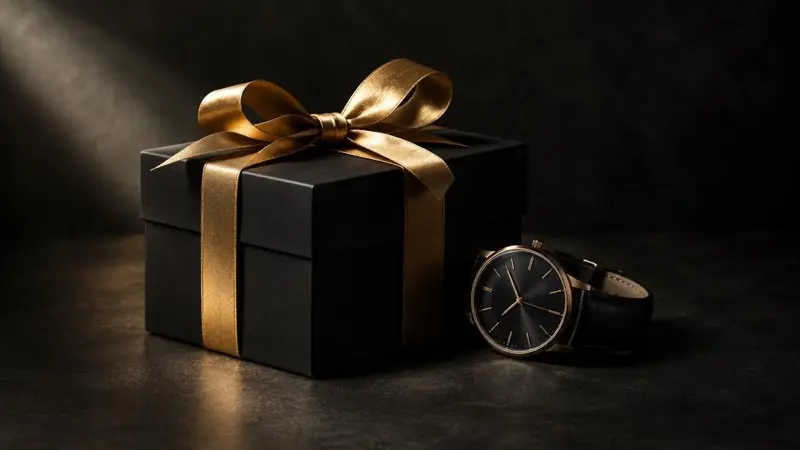 Scatola regalo nera con nastro dorato accanto a un orologio