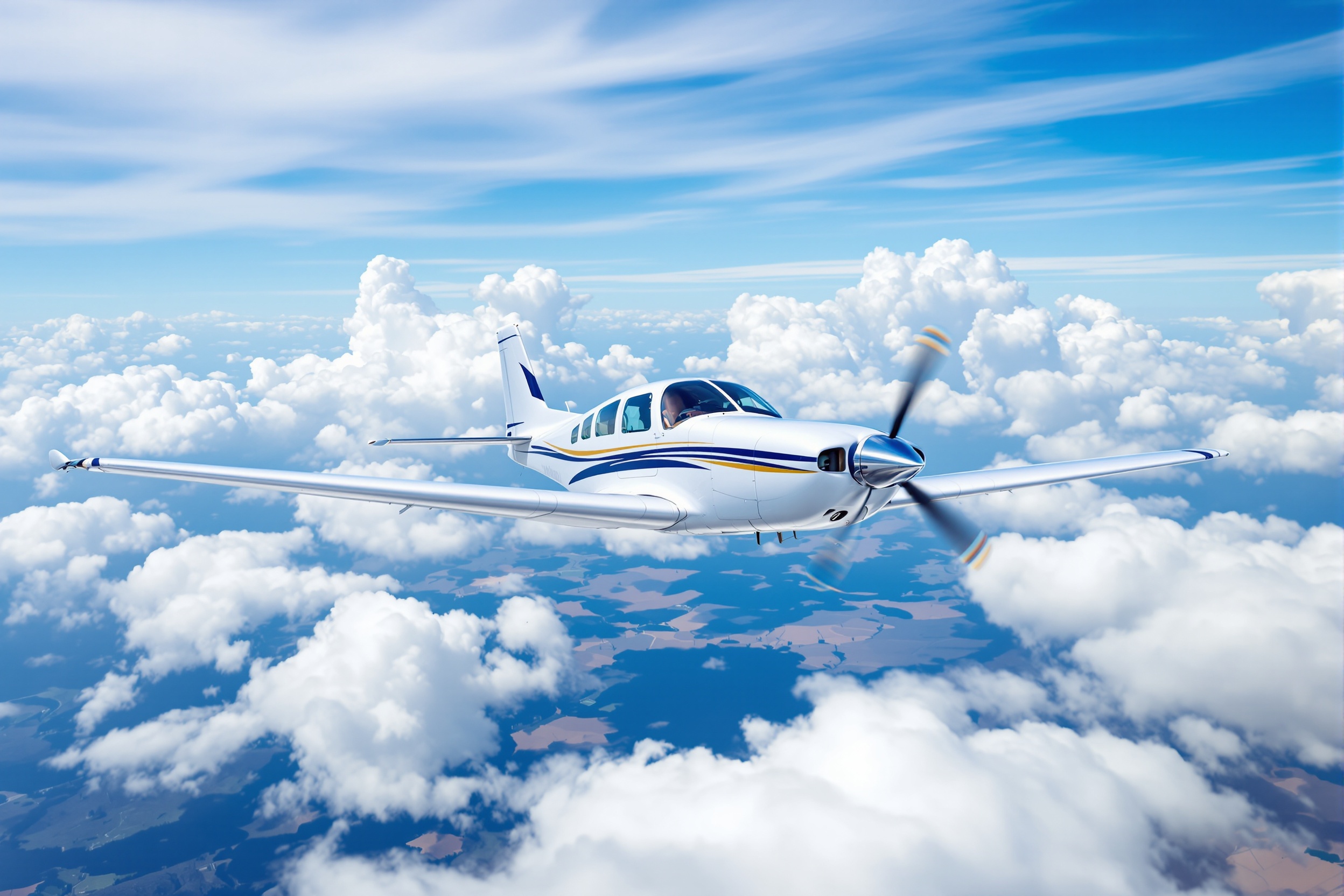 Light twin engine airplane in flight