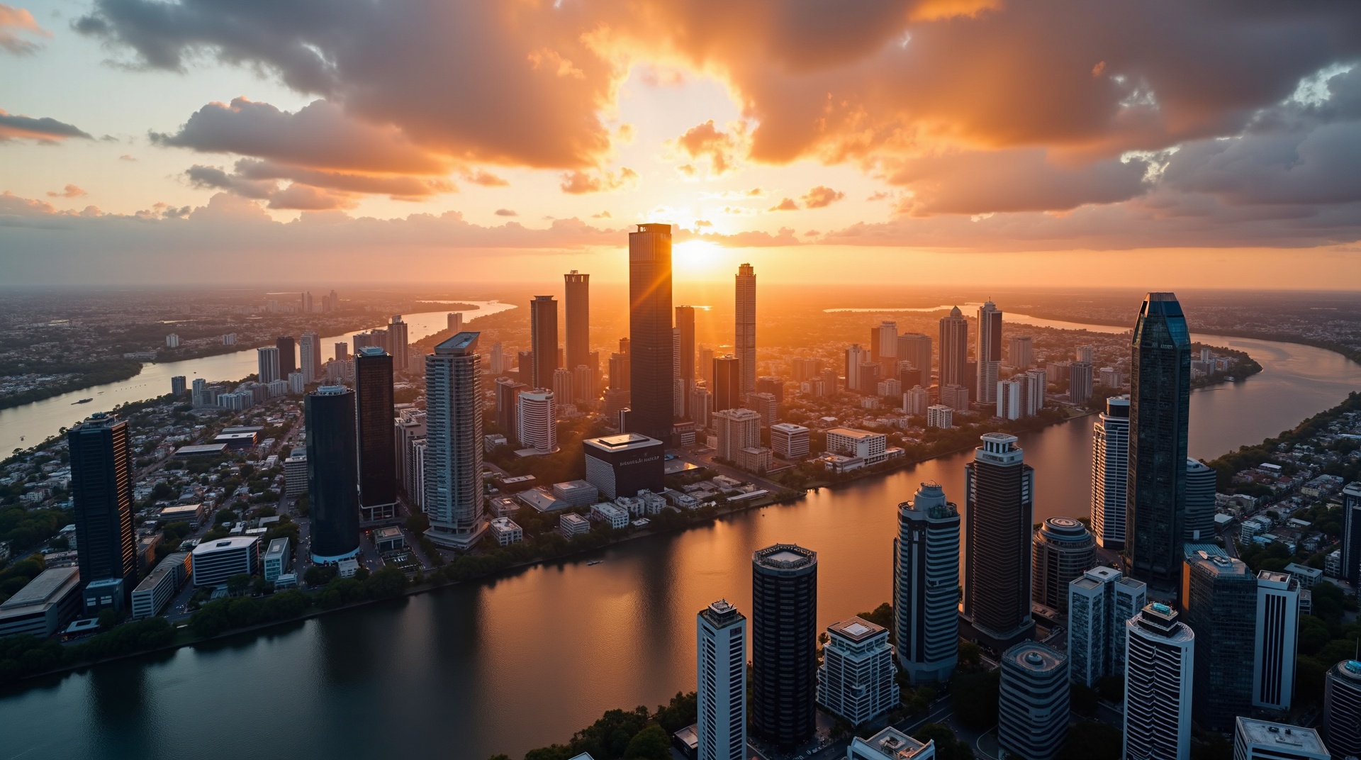 Brisbane CBD skyline at golden hour — HVJ Finance Solutions Brisbane mortgage brokers