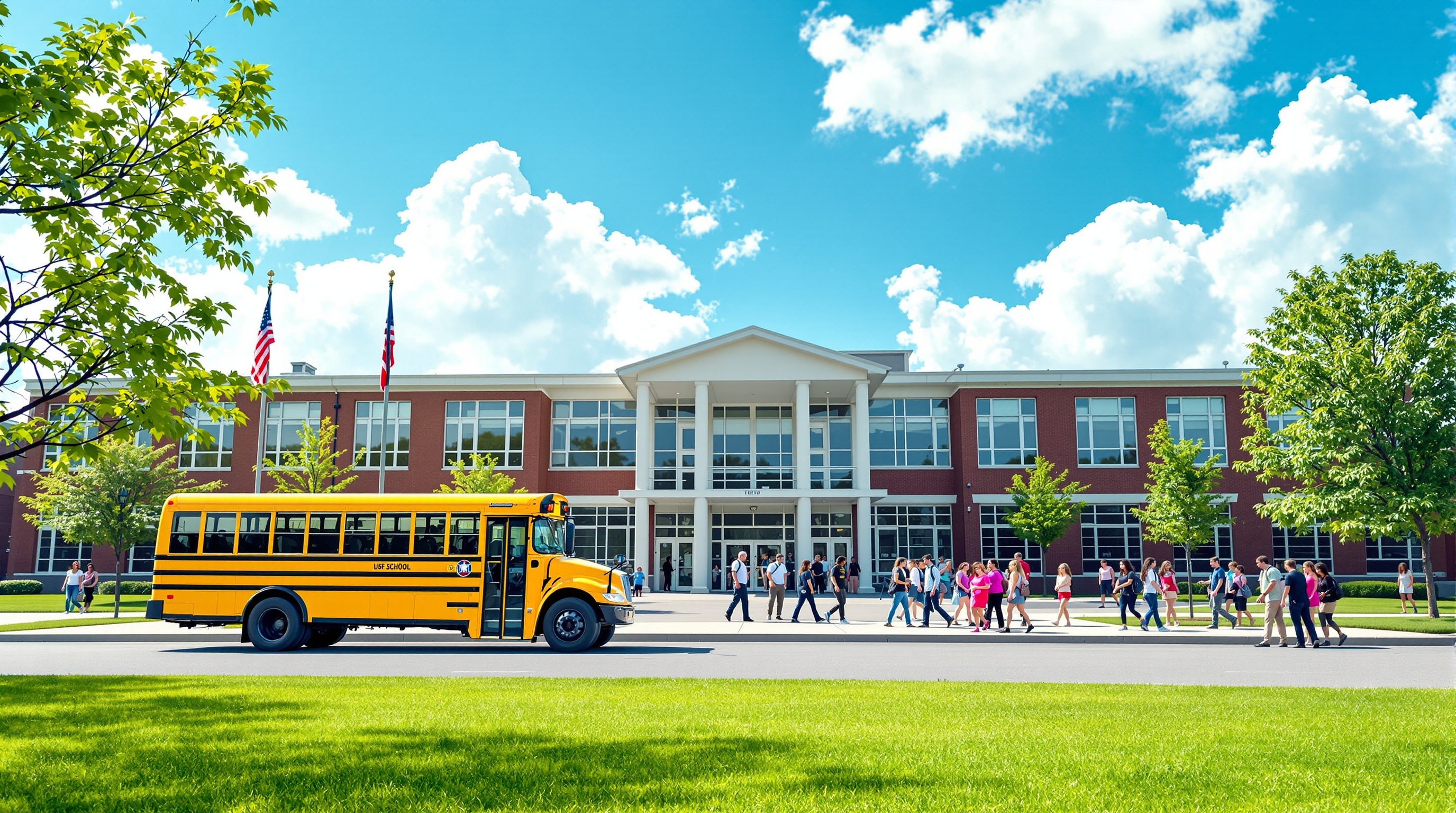 ABD lise kampüsü sarı okul otobüsü ve öğrenciler