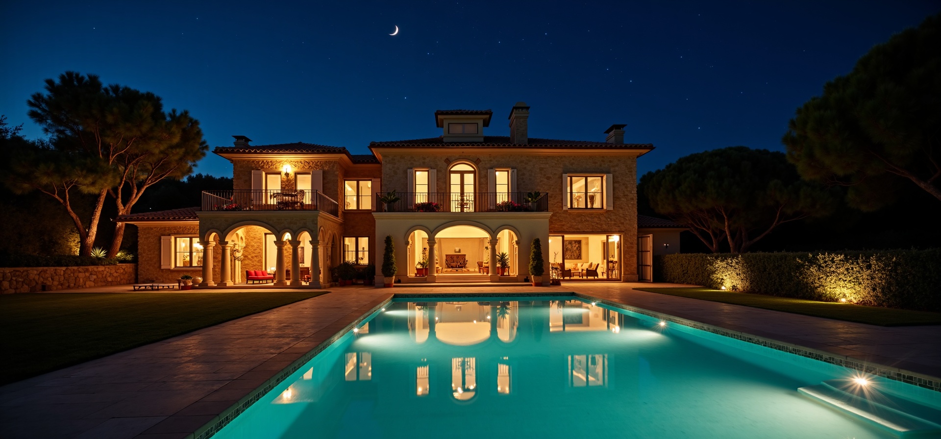 Illuminated luxury villa at night