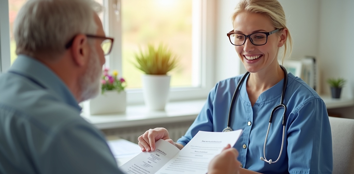 CQC inspector conducting quality review with care provider, showing professional regulatory inspection process and quality assurance in healthcare