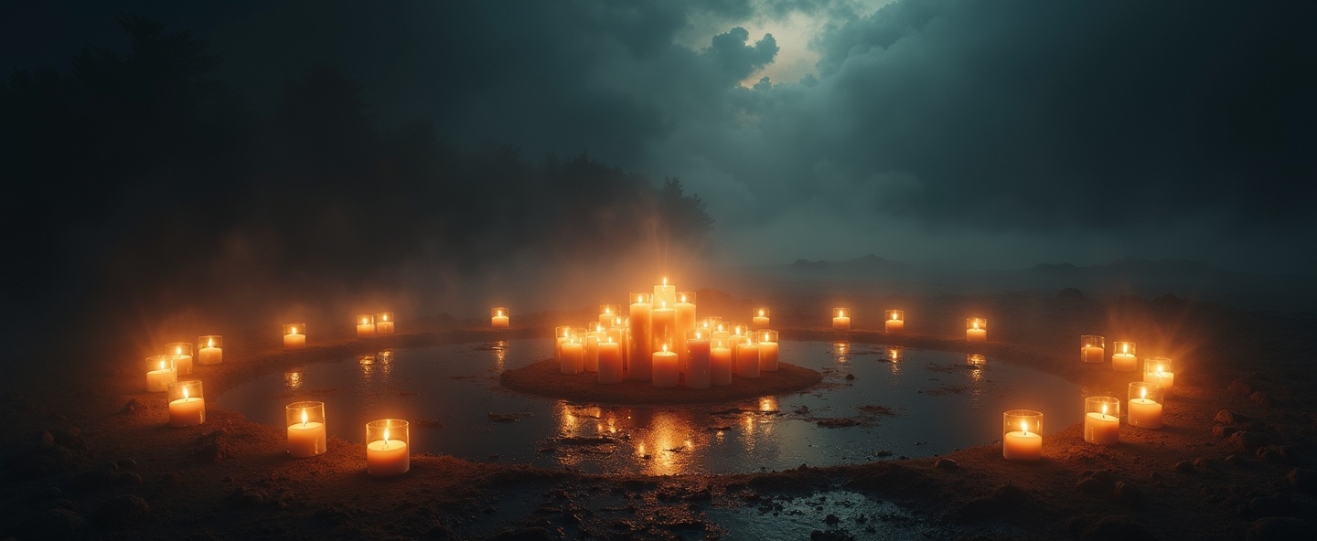 Paisaje místico nocturno con velas y espejos antiguos