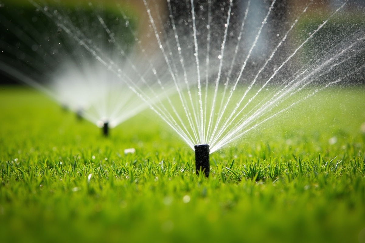 Professional irrigation sprinkler system installation on a Florida residential lawn with water spray coverage