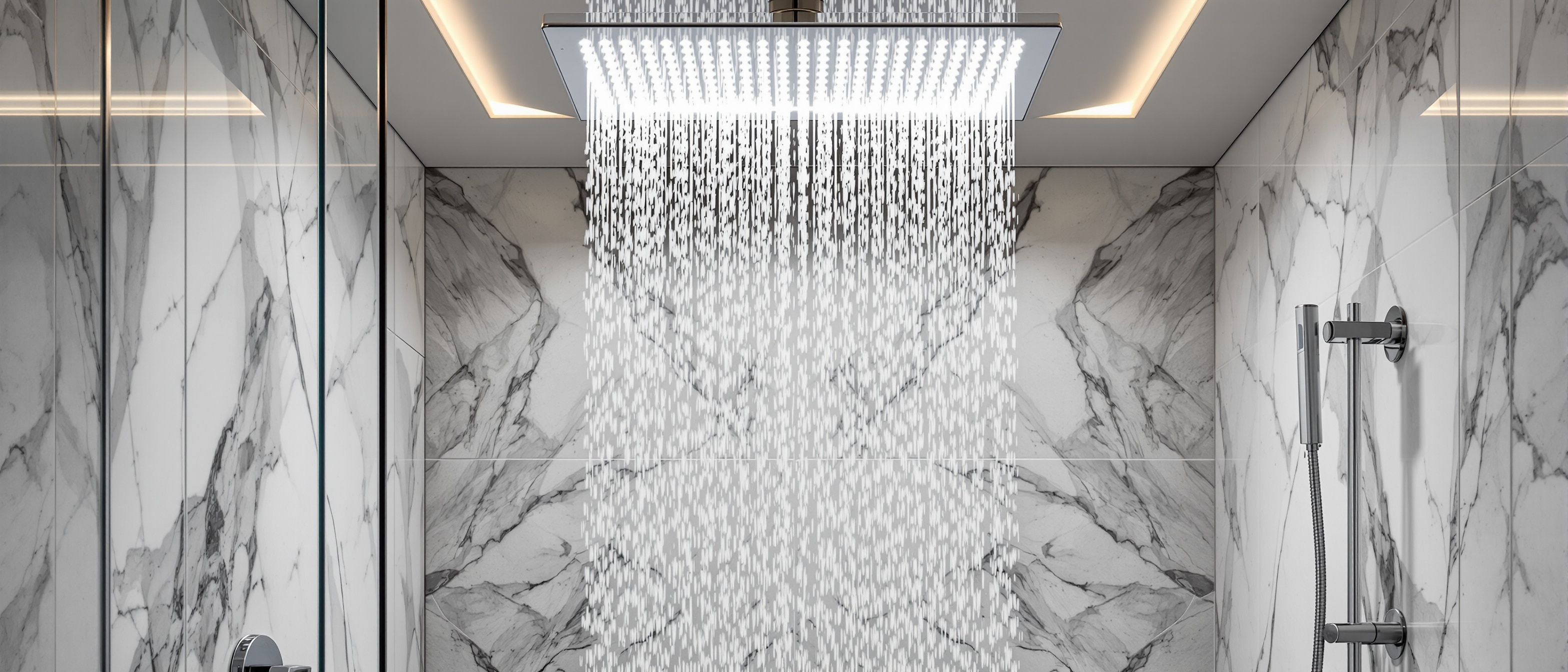 Overhead rain shower in marble enclosure