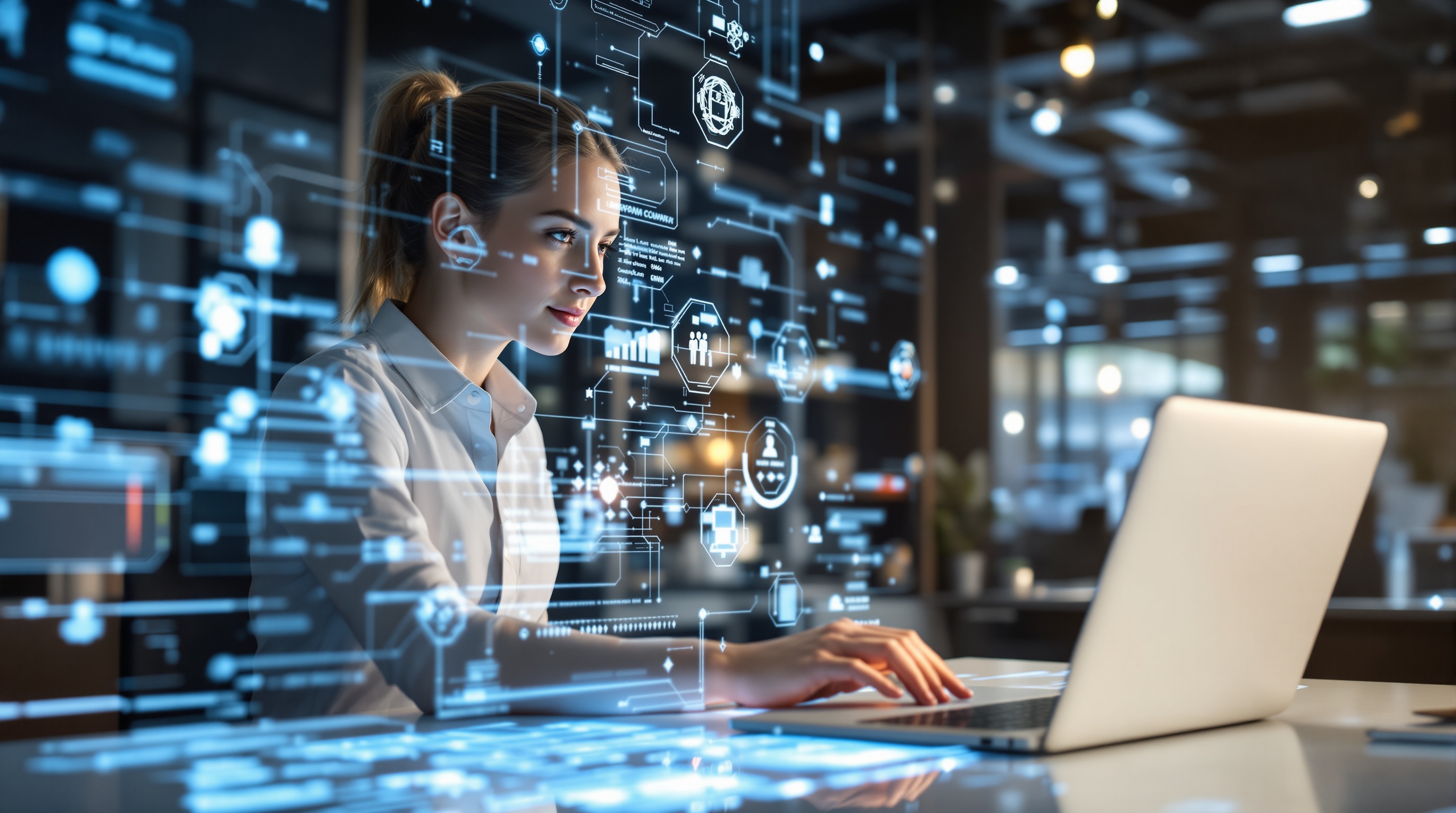 Young professional collaborating with AI technology in modern workspace