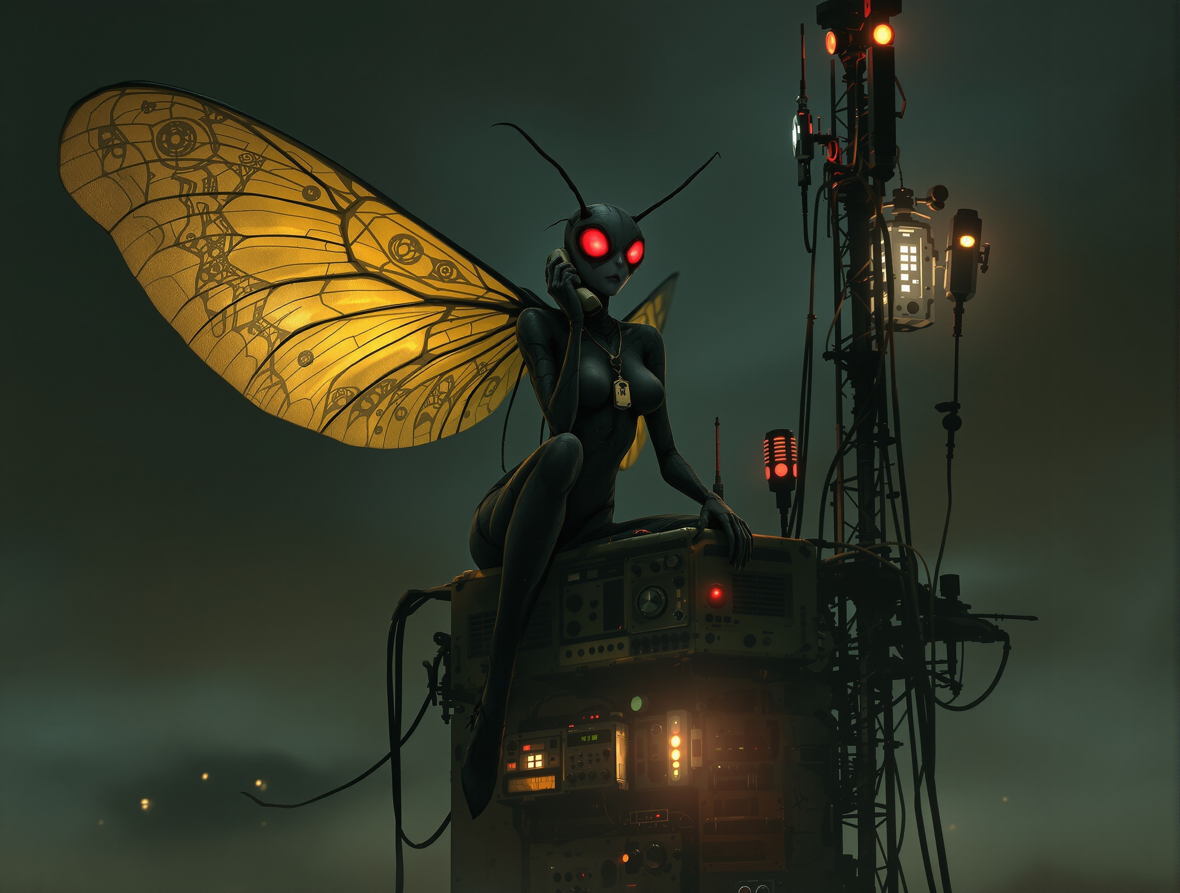 Vesper the Mothwoman monitoring radio traffic from the BSS Kittie comms tower