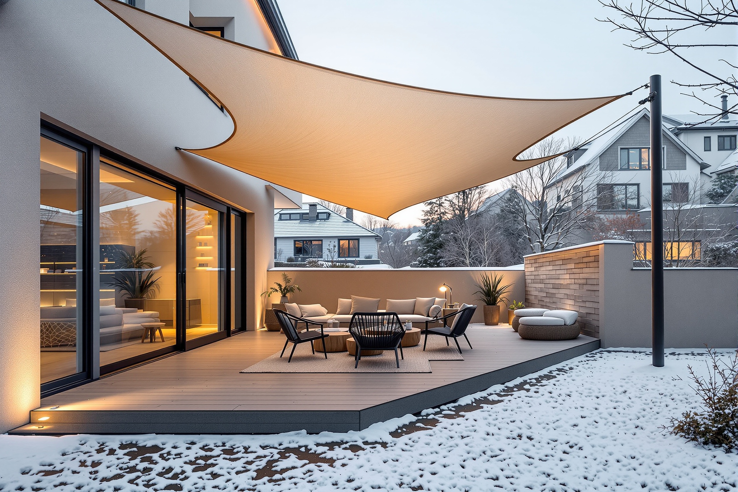 Moderne Terrasse mit Sonnensegel im Winter – Schutz vor Schnee und Kälte durch hochwertiges Beschattungssegel von AVANZATO