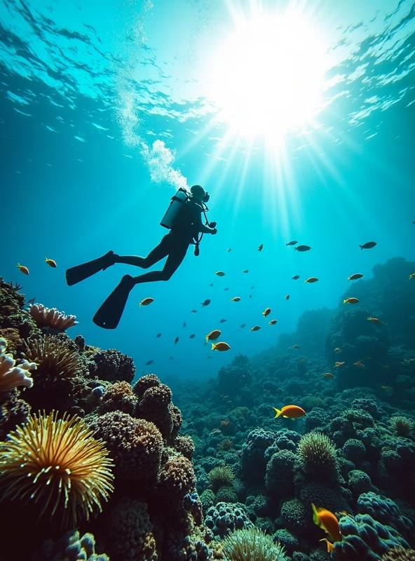 Scuba diver exploring vibrant coral reef at Great Barrier Reef