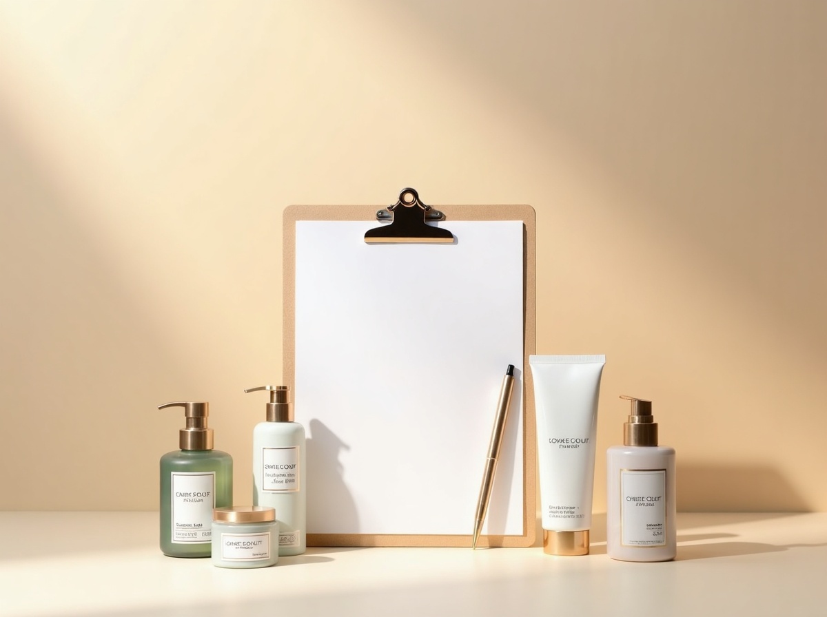Korean beauty brand sourcing and wholesale request concept with skincare products, clipboard, and pen on a warm beige background