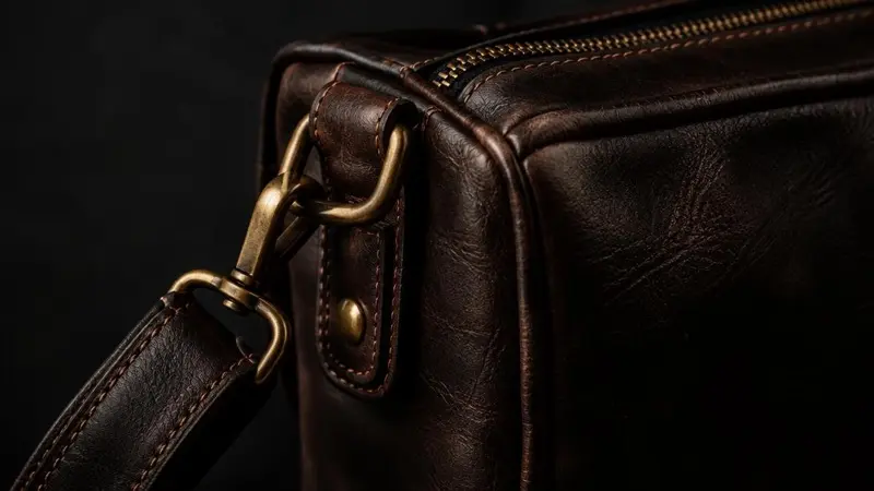 Dettaglio macro di cuciture e ferramenta in ottone su una borsa scura