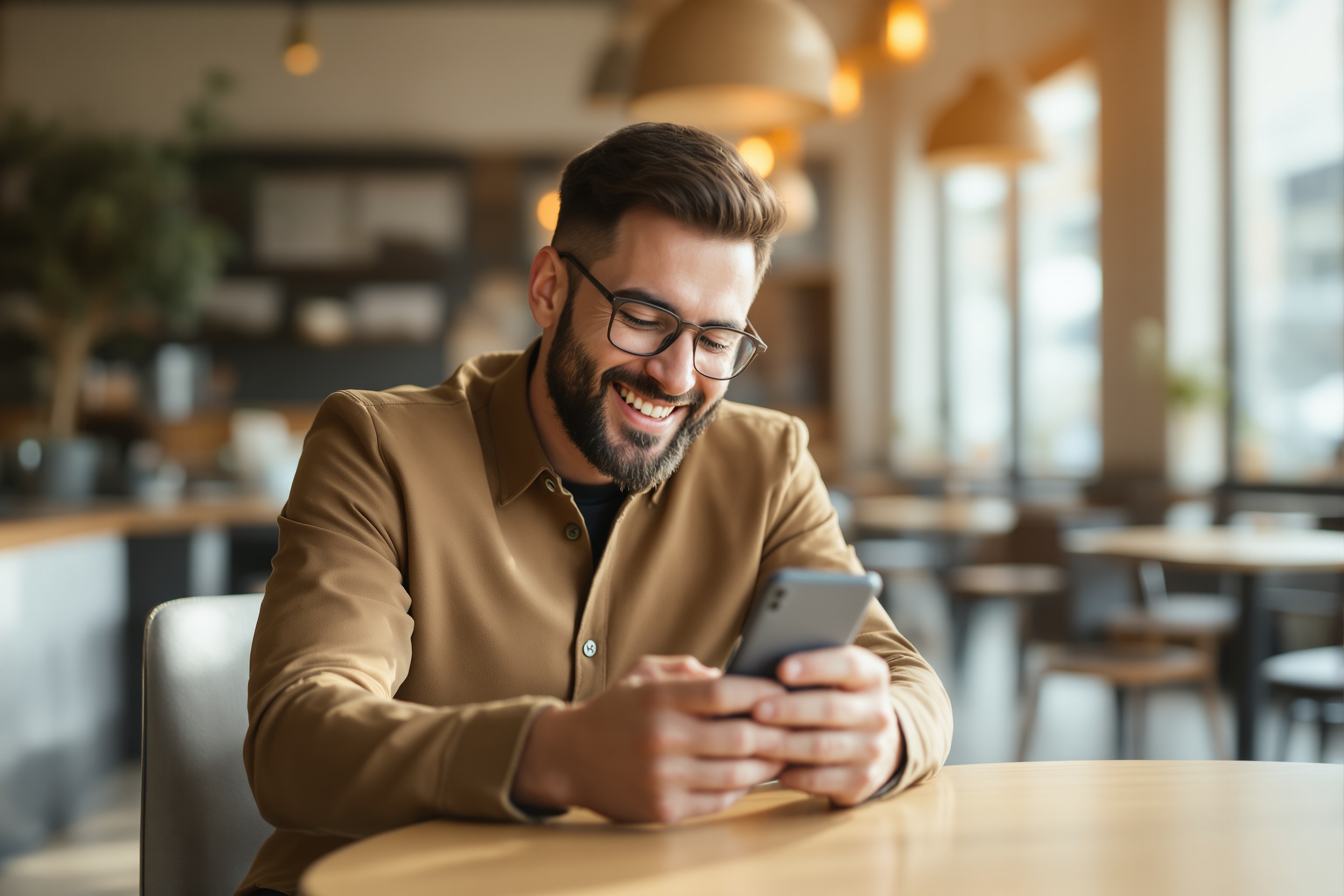 Small business owner celebrating growth on their phone with analytics overlay