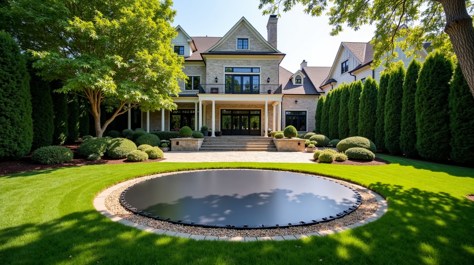 Flush in-ground trampoline perfectly integrated into luxury residential lawn — LOWLINE Outdoor