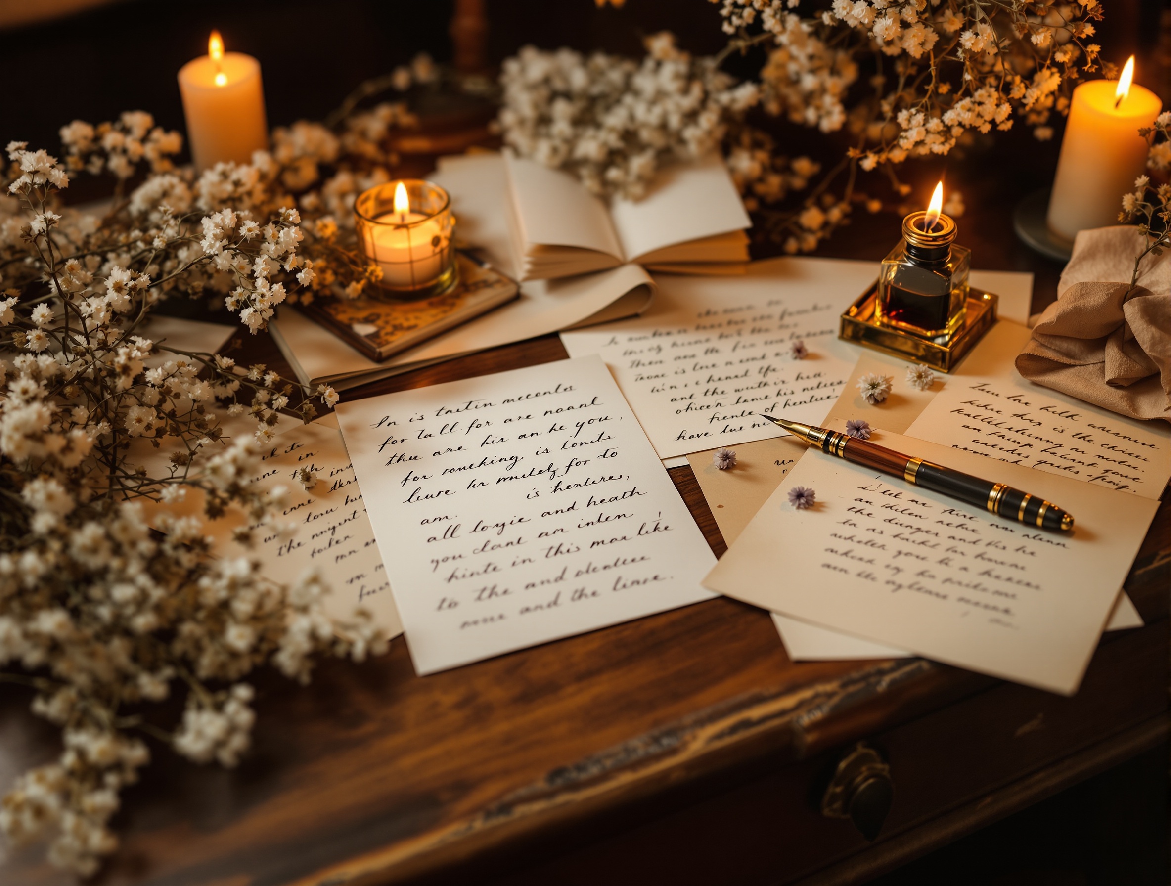 A cozy vintage writing desk with letters and an inkwell