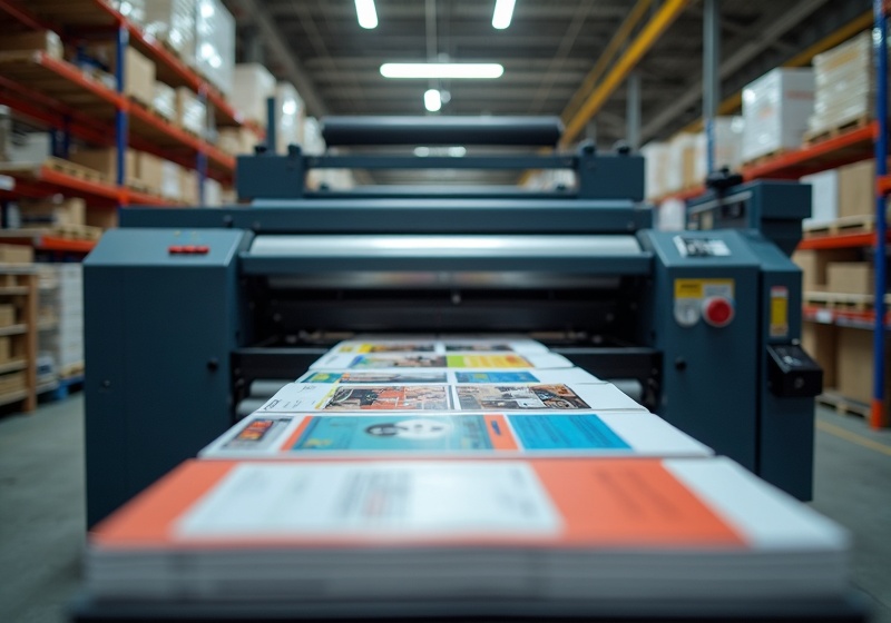 Commercial printing press producing glossy postcards