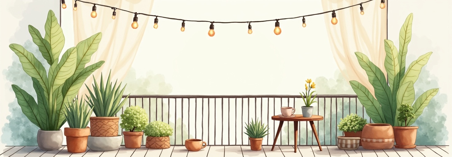 Balcón decorado con plantas y luces
