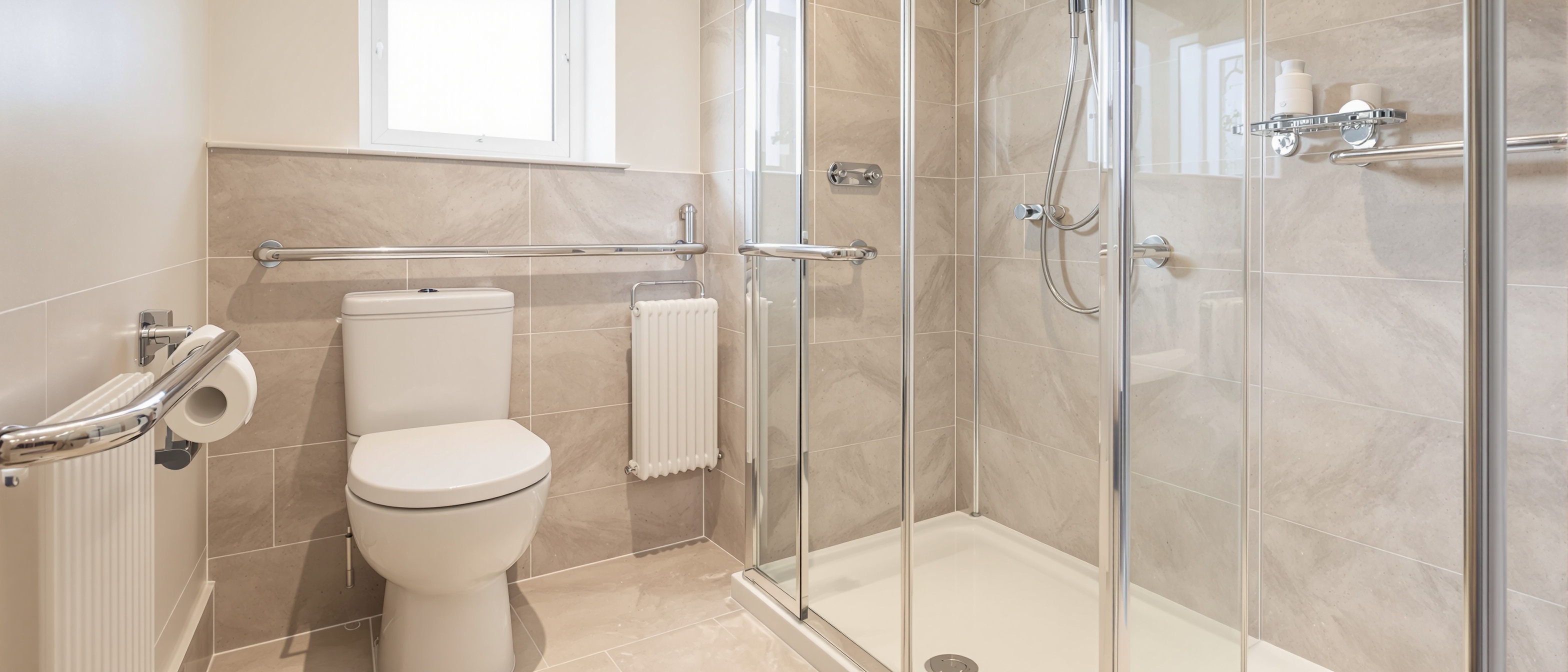 Accessible mobility bathroom with walk-in shower