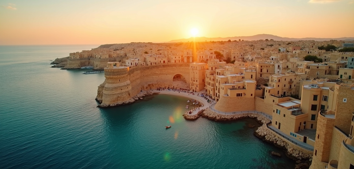 Malta coastline with golden limestone buildings