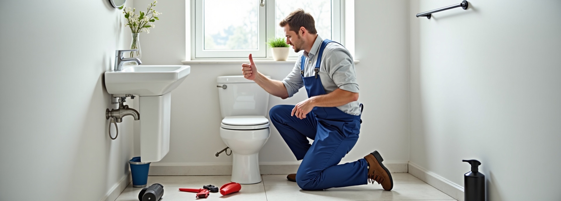 Professional plumber repairing a toilet in a residential bathroom