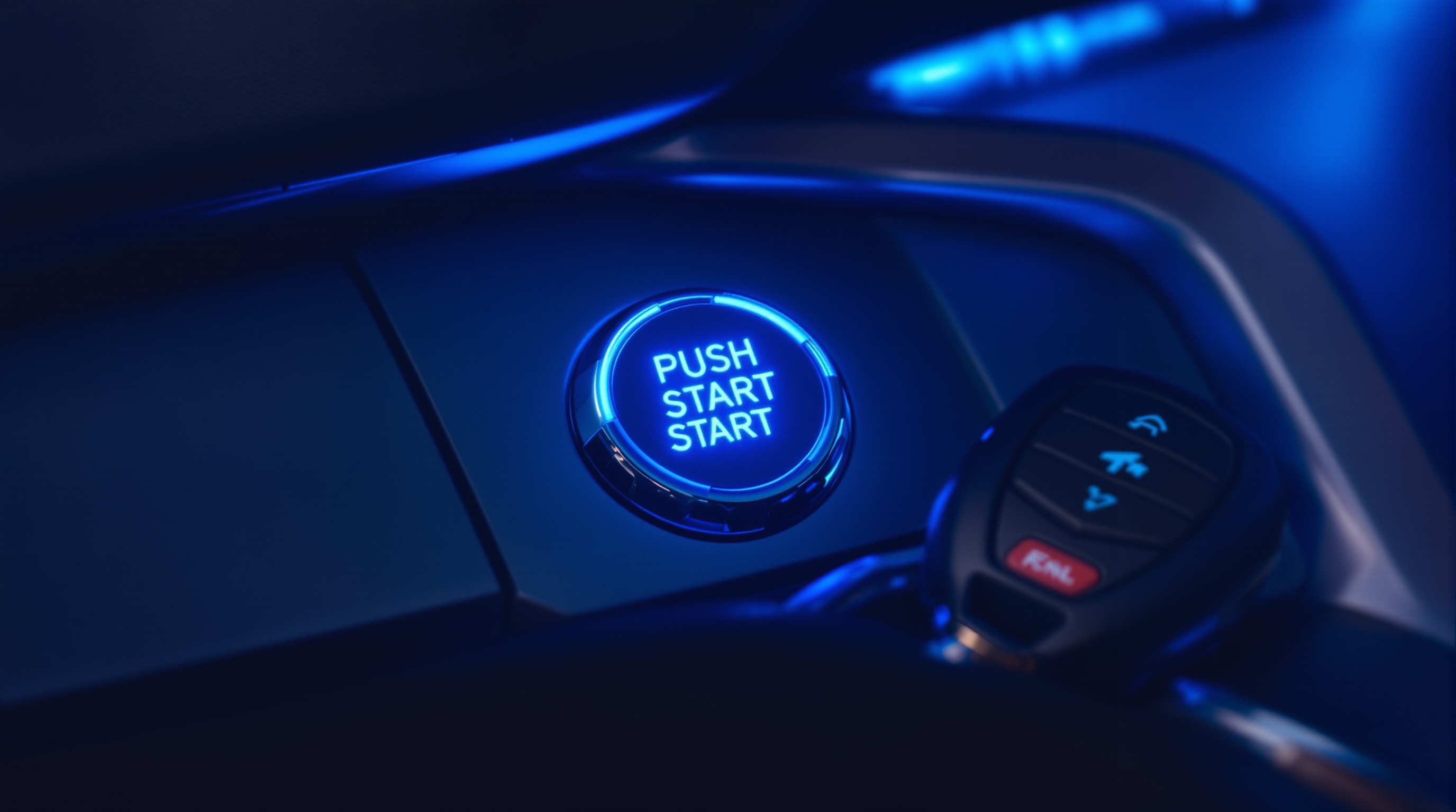 Locksmith technician holding a smart key fob next to a glowing push-to-start button inside a car