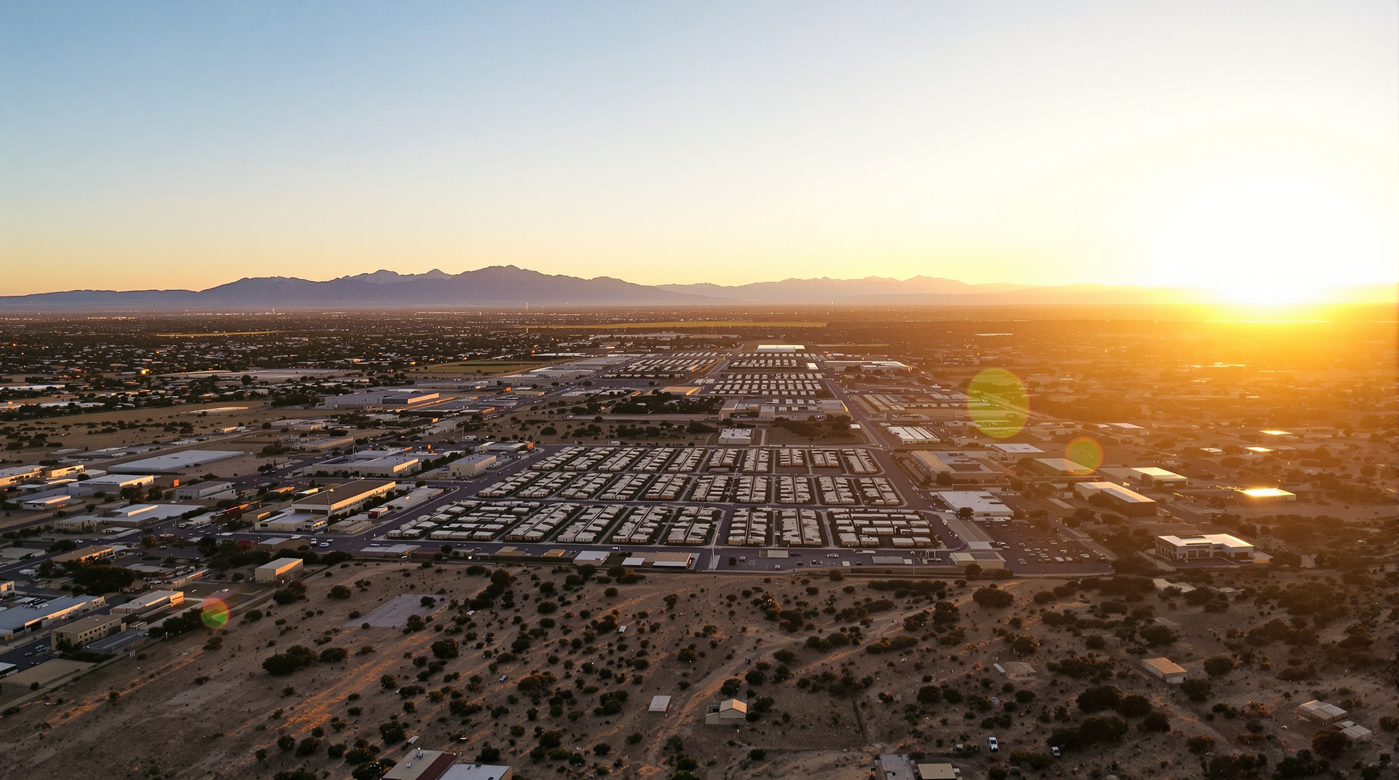 Aerial view of Fort Bliss military installation and surrounding El Paso Texas neighborhoods showing military housing and residential areas