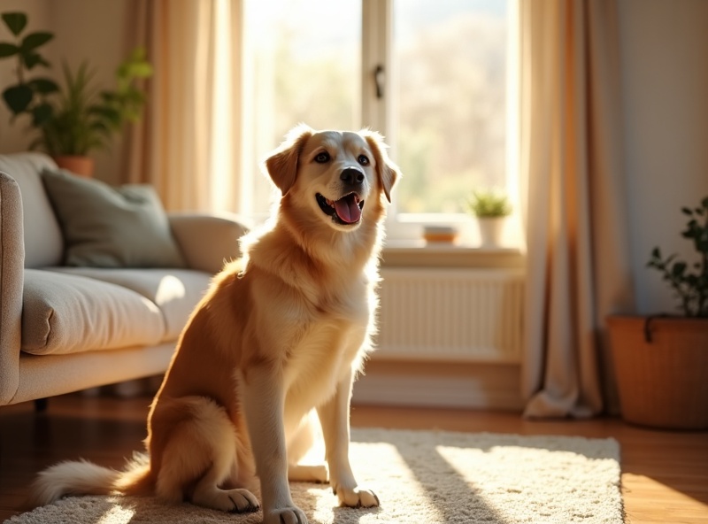Well-trained dog sitting calmly in a sunlit modern living room