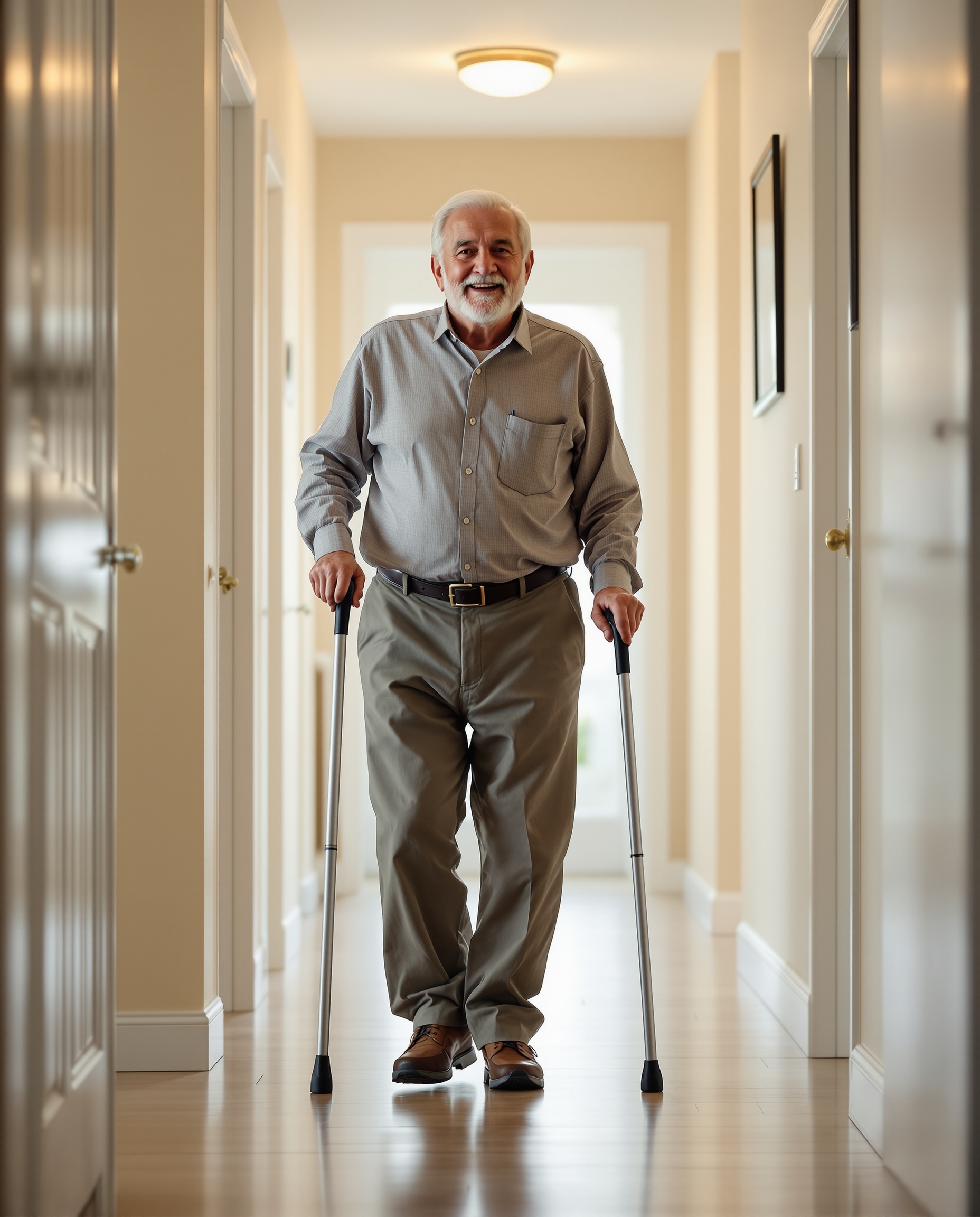 Senior man walking with good balance using cane