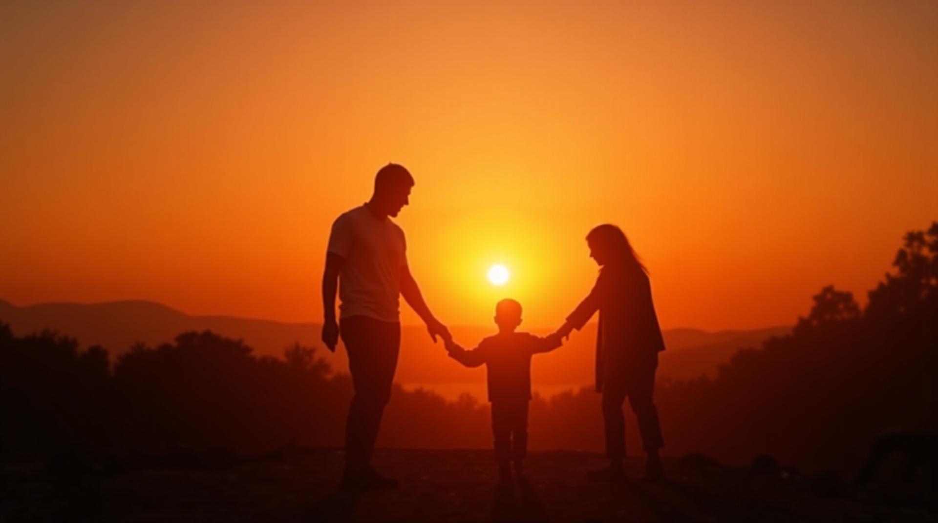 父親と子どもが夕暮れの中で手をつなぐ